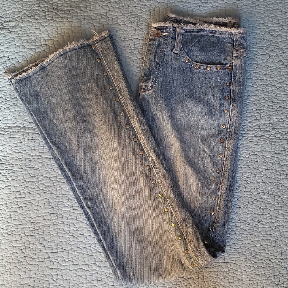 Gold and Blue Flare Wide Leg Jeans